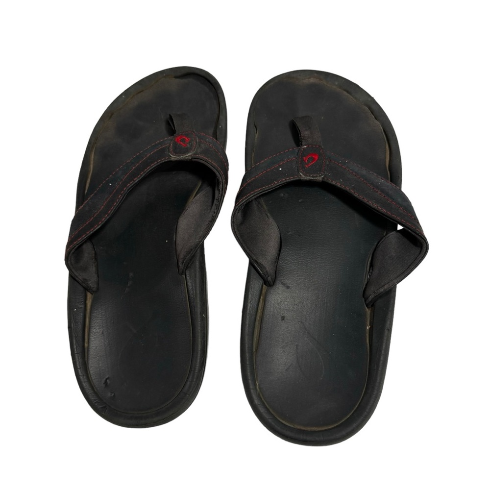 Olukai Koa Black Leather Flip Flops Sandals Men's sz 10